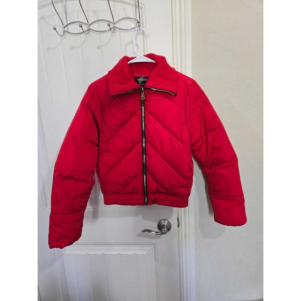 Mila & Tiff Women’s Small Red Puffer Jacket Quilted Cropped Full Zip Coat